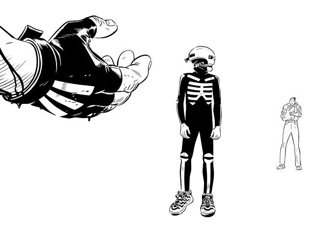 Skeletonboy against white as he makes a critical choice. Art by Tonci Zonjic.