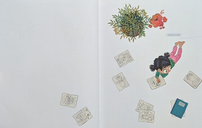Sandy filling pages of white with drawings against an expanse of white in Lorena Alvarez's Nightlights