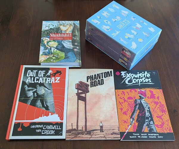 Mushishi – Volume 1, the Sheets trilogy, Out of Alcatraz, Phantom Road – Volume 3, and Exquisite Corpses – Volume 1